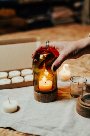 Old Green Handmade Rustic Wood Tea Light Dome - Green