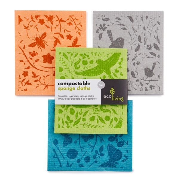 Eco Living Compostable Sponge Cleaning Cloths Printed - x4 Pack