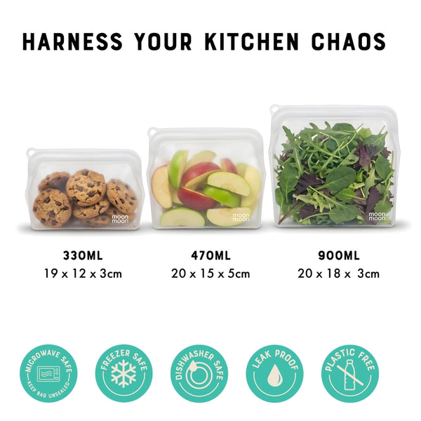 Moonmoon Reusable Silicone Food Storage Bags Clear - x3 Mixed Pack