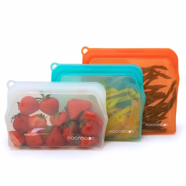 Moonmoon Reusable Silicone Food Storage Bags Clear - x3 Mixed Pack