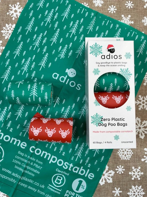 Adios Plastic Christmas Edition Compostable Poo Bags - 4 Rolls - x60 Pack - Plastic Freedom