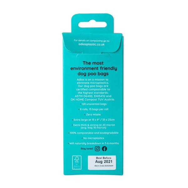 Adios Plastic Compostable Poo Bags - 8 Rolls - x120 Pack - Plastic Freedom
