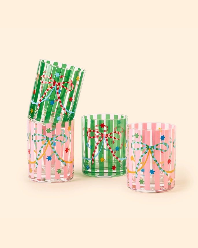 Eleanor Bowmer Pink & Green Bow Glass Tumblers - Set of 4 - Plastic Freedom