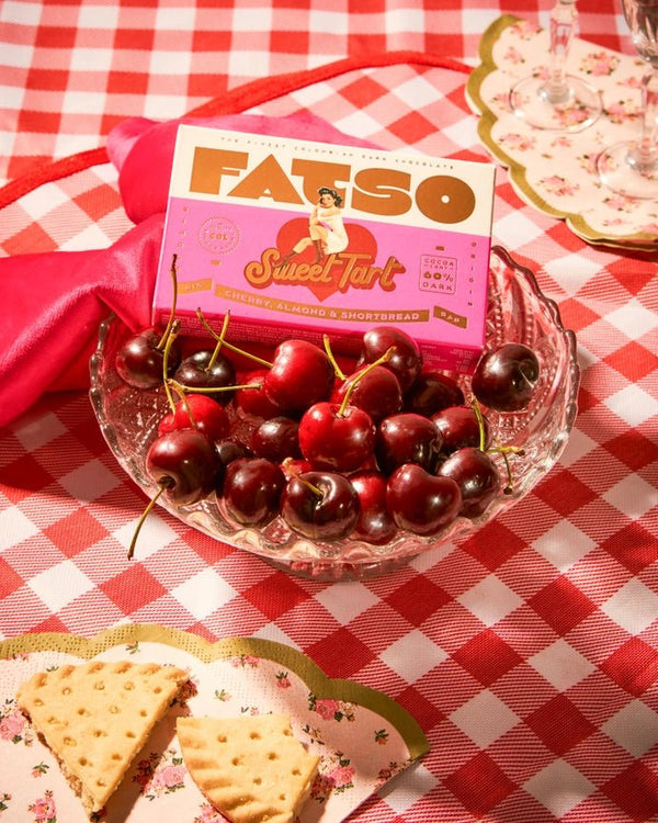 FATSO Vegetarian Chunky Chocolate Bar 150g - Sweet Tart Cherry, Almond and Shortbread - Plastic Freedom